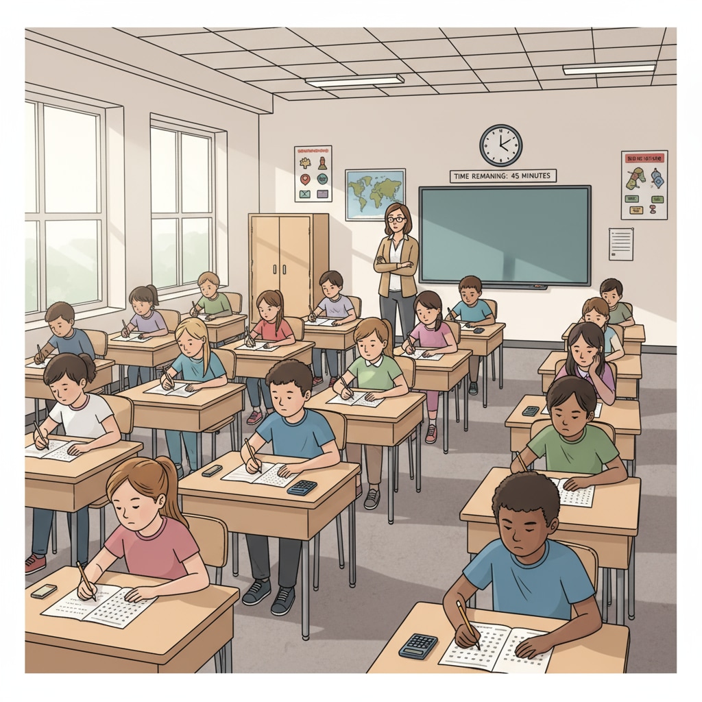 Classroom scene of students taking a standardized test in the context of education accountability, NCLB Act, and school management