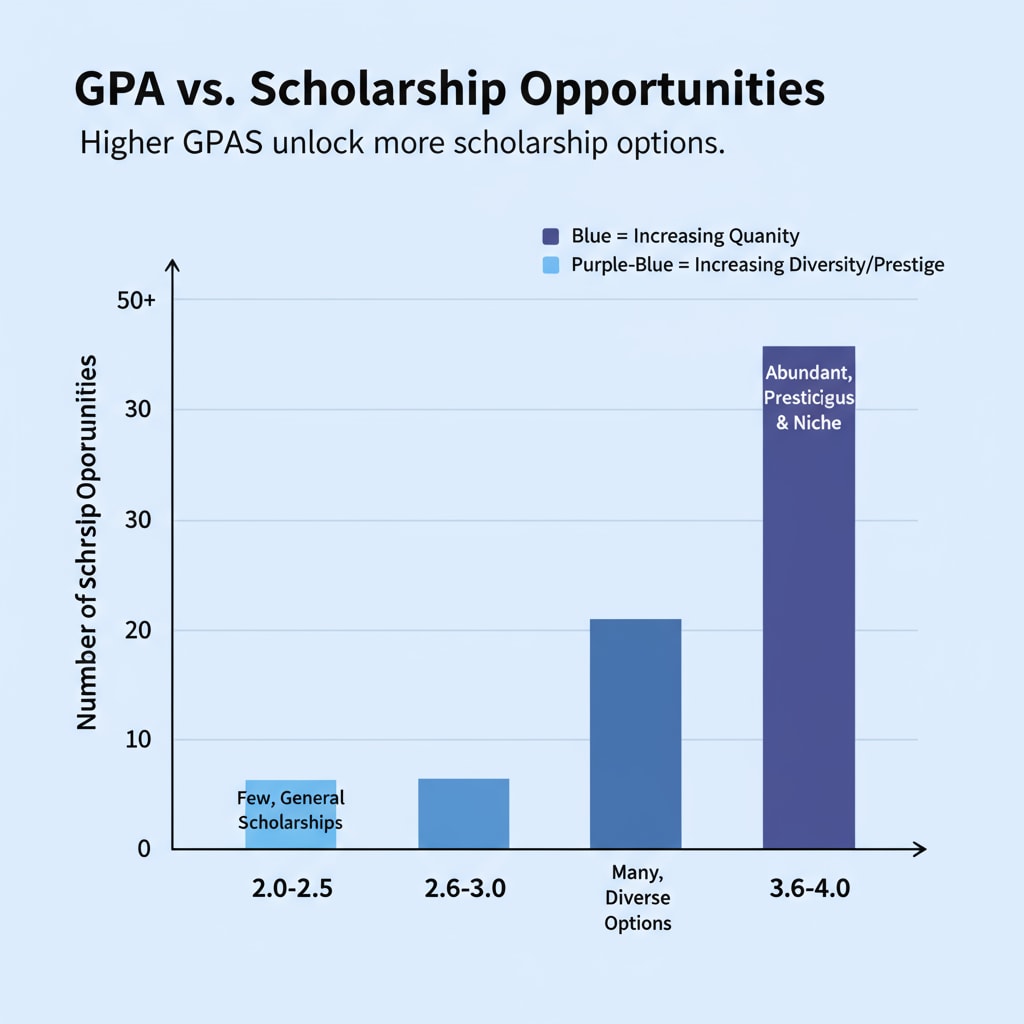 A bar graph showing the relationship between GPA and the number of scholarship opportunities related to GPA, scholarships, technical skills, and priorities