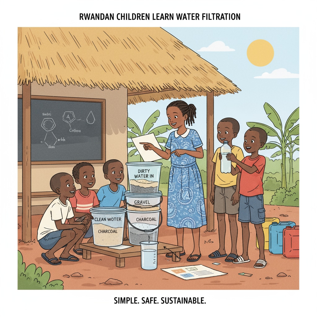 Rwandan children learning about water filtration in a STEM project with limited materials