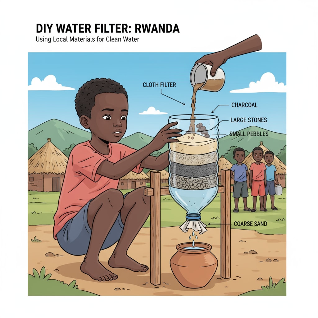 Rwandan child constructing a water filtration system as part of a water resources STEM activity with limited materials