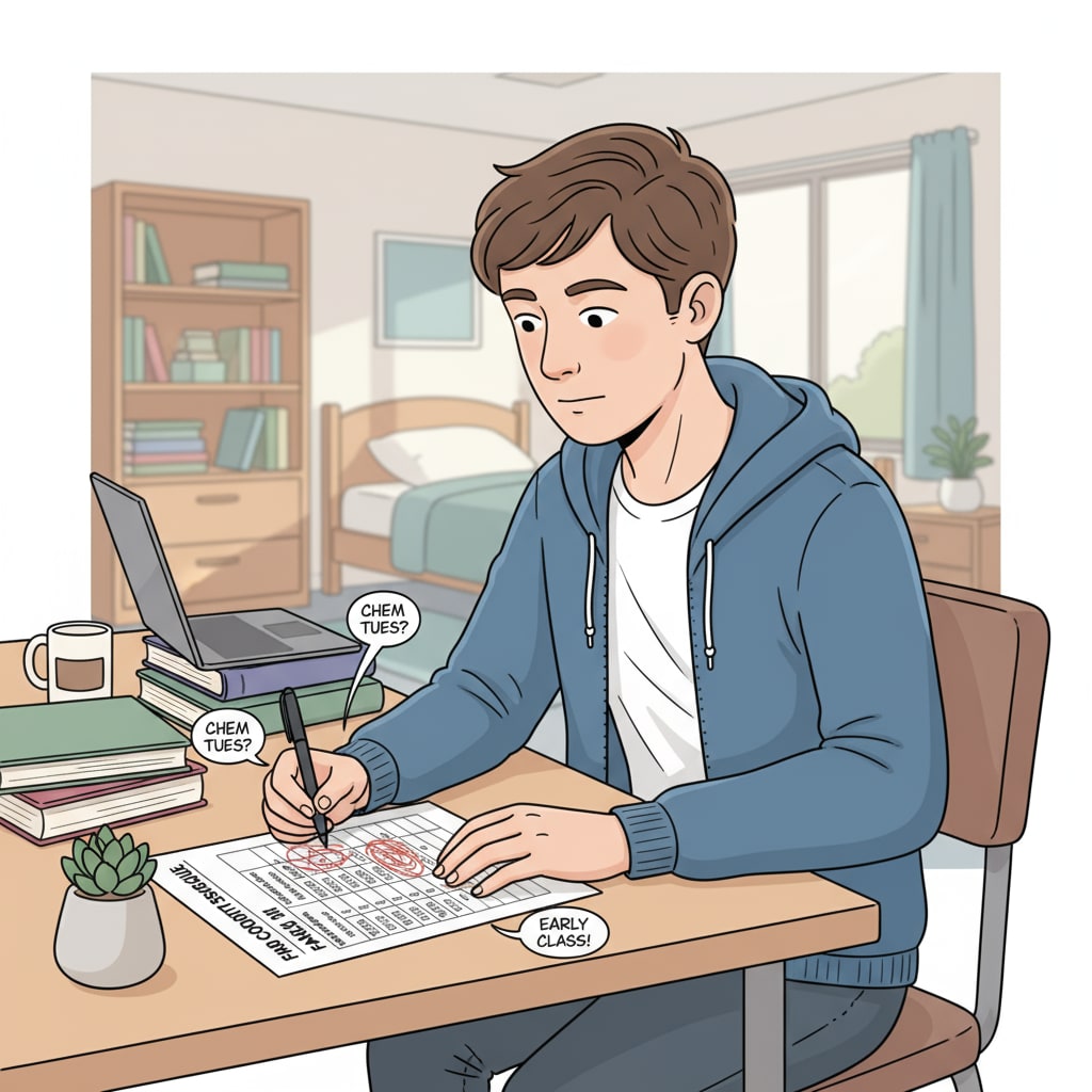 A 22-year-old student planning to earn high school credits by looking at a course schedule.