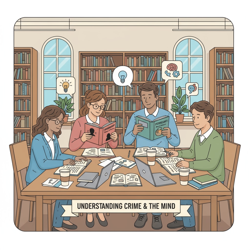 Students studying psychology and criminology in a library