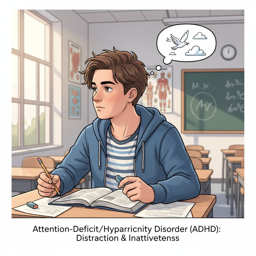 An ADHD teen looking distracted in class, related to academic setbacks, family education, ADHD, and self-discipline