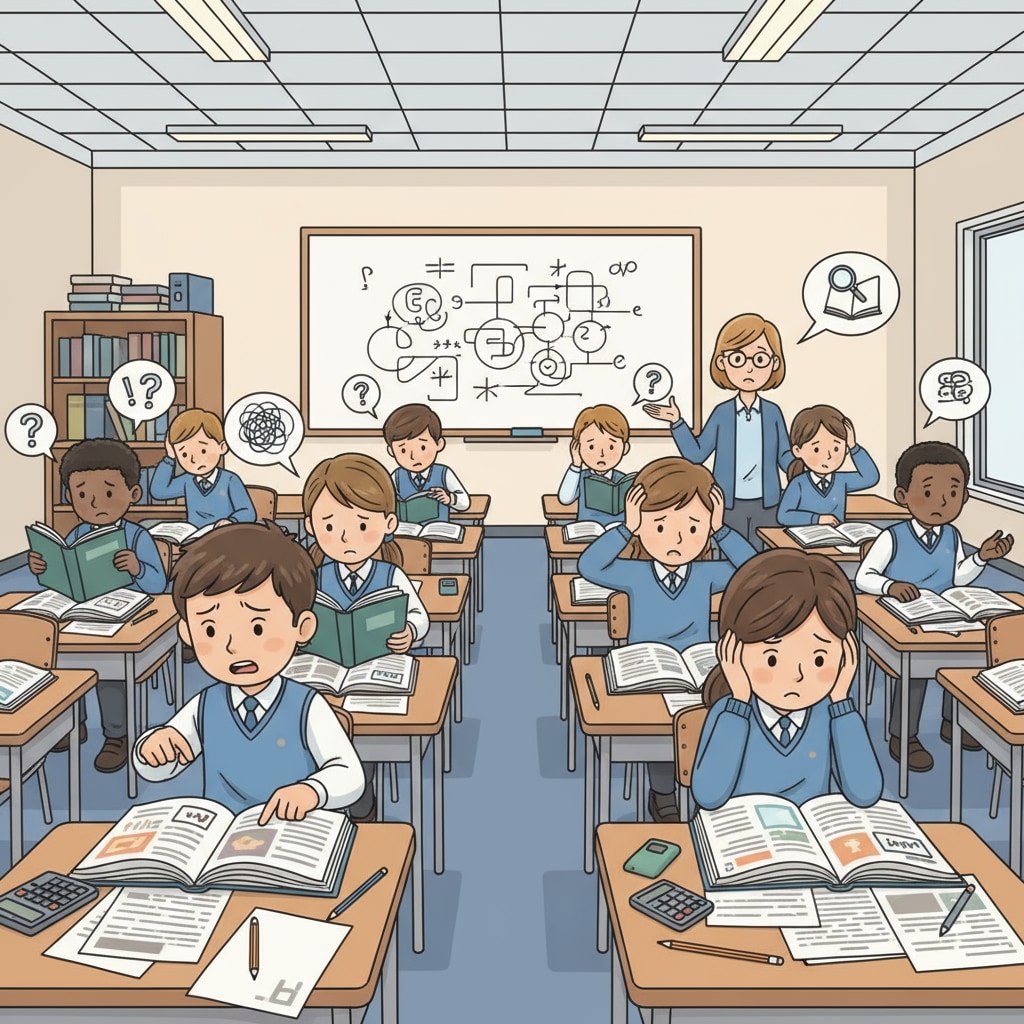 A classroom scene with students looking confused and struggling with their textbooks, representing students facing difficulties in their studies. Students struggling with studies in a classroom related to academic dismissal, student failure, and university impact