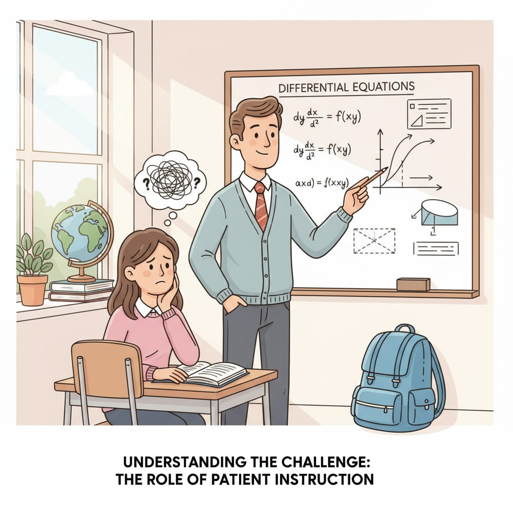 A teacher is patiently explaining a difficult math concept to a student who looks a bit lost, symbolizing the challenges students face in learning and the importance of good teaching. A teacher helping a struggling student, relevant to academic dismissal, student failure, and university impact