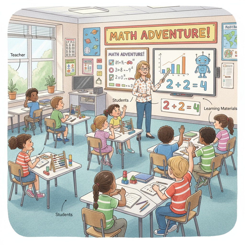 Elementary school math teacher teaching students during career planning and educational level choice