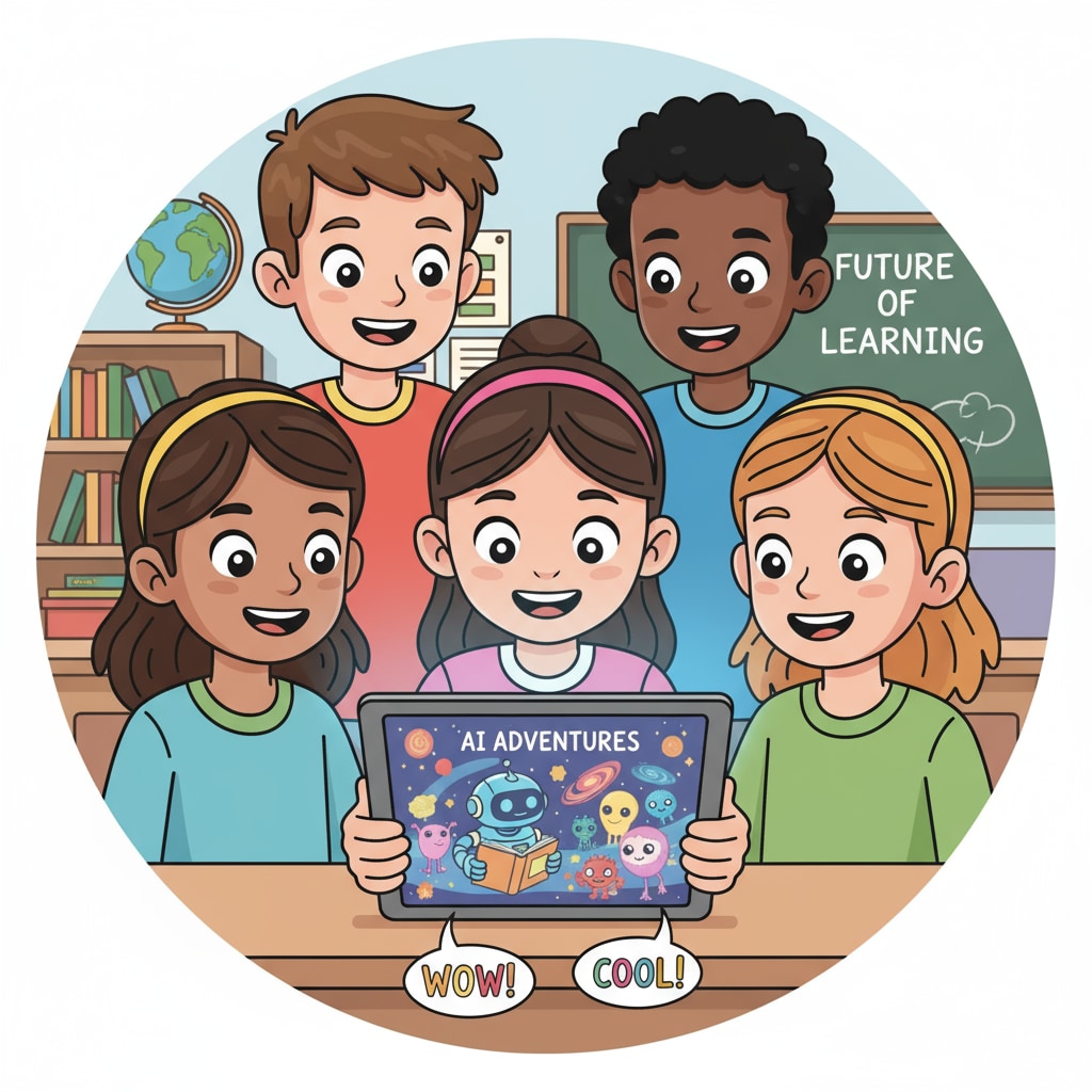 Children exploring an AI-generated story on a tablet, related to AI avatars, child safety, and technological exploration