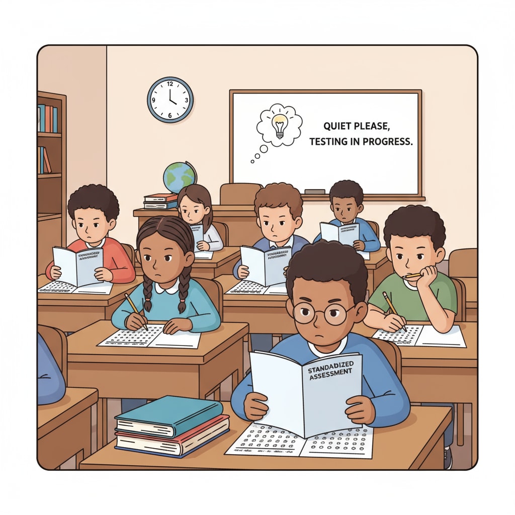 A classroom scene of students taking a standardized test related to education assessment, student ability measurement, and teaching strategies