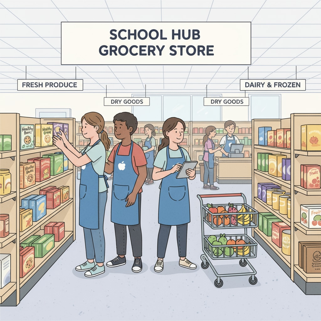 Students collaborating to arrange products on the shelves of the in-school grocery store. They are focused and actively involved in the task. Students at Huffman High School learning practical skills in the in-school grocery store as part of educational innovation