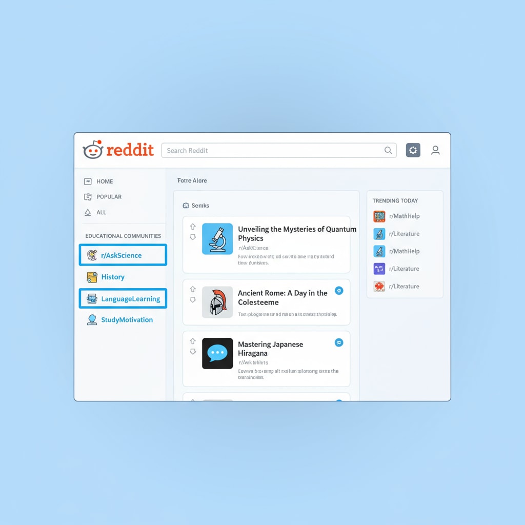 This image shows an overview of Reddit's interface with various educational subreddits highlighted, giving a sense of the diverse learning communities available. An overview of Reddit's educational subreddits interface