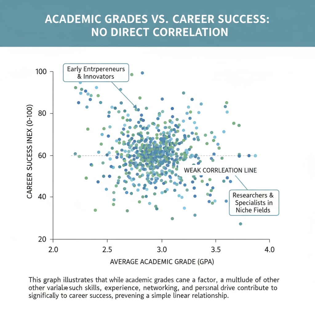 A graph presenting data on the comparison between students' academic grades and their subsequent career success rates, highlighting the lack of a straightforward connection. Graph comparing academic grades and career success rates of students