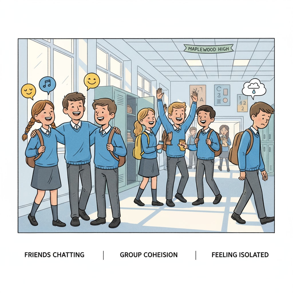 School corridor scene showing interpersonal relationships and possible signs of peer isolation