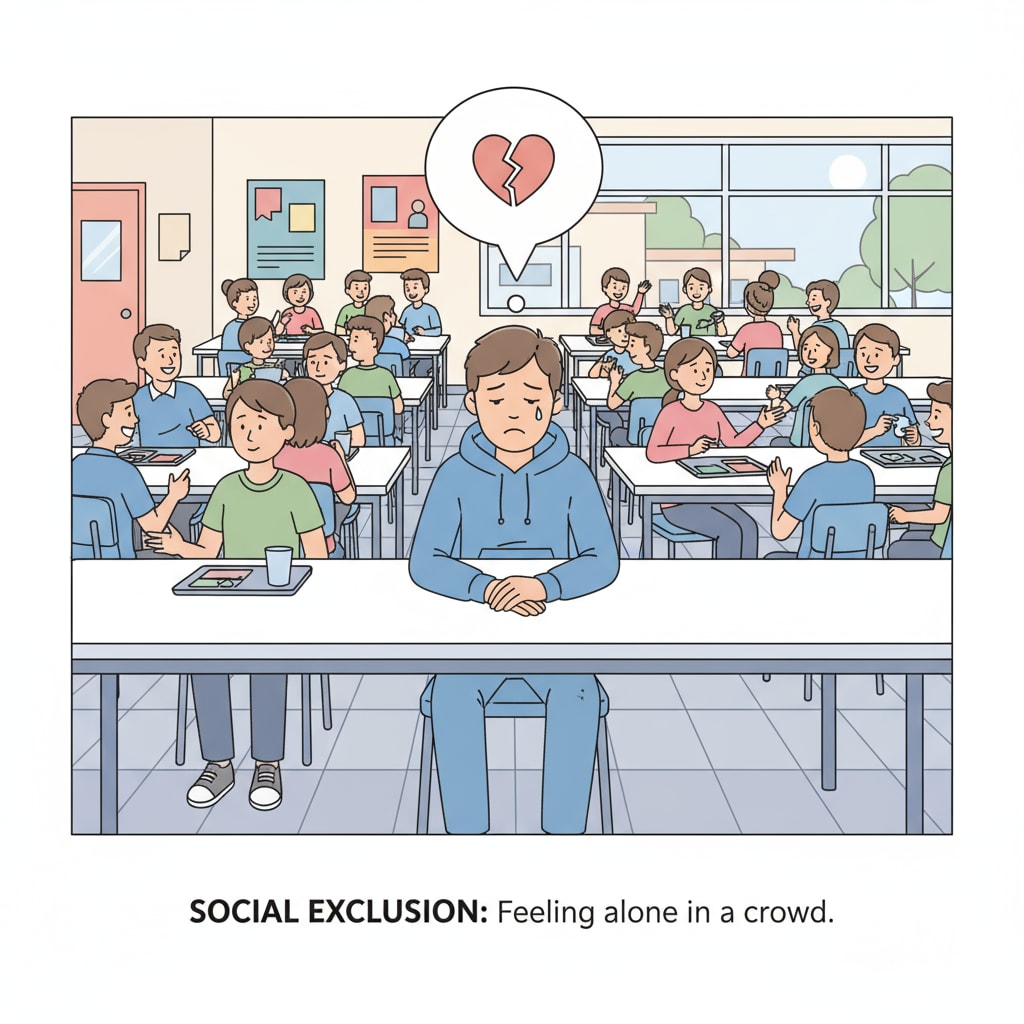 A sad student sitting alone in the school cafeteria, representing social exclusion among peers