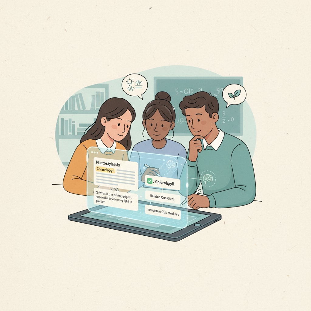 An illustration showing students interacting with an AI-powered textbook, with on-screen questions and answers. Students interacting with an AI textbook for interactive learning based on Bloom's Taxonomy