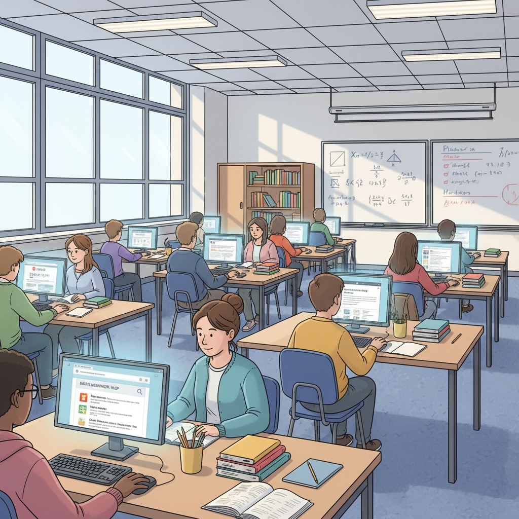 An illustration depicting students searching the internet to find academic help. It shows multiple students sitting at desks, looking at their computers with various websites related to academic assistance open. Students researching online for academic help with Lawessaypros legitimacy and order security in mind