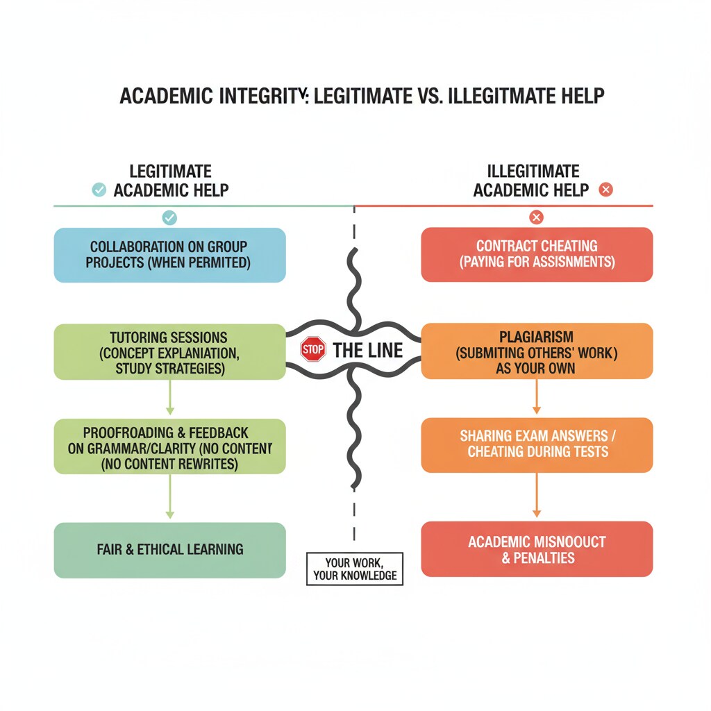 A diagram presenting the boundaries between legitimate and illegitimate academic help. It uses different colors and labels to clearly mark what is acceptable and what crosses the line in terms of academic assistance. Diagram showing the boundaries of legitimate academic help relevant to Lawessaypros evaluation