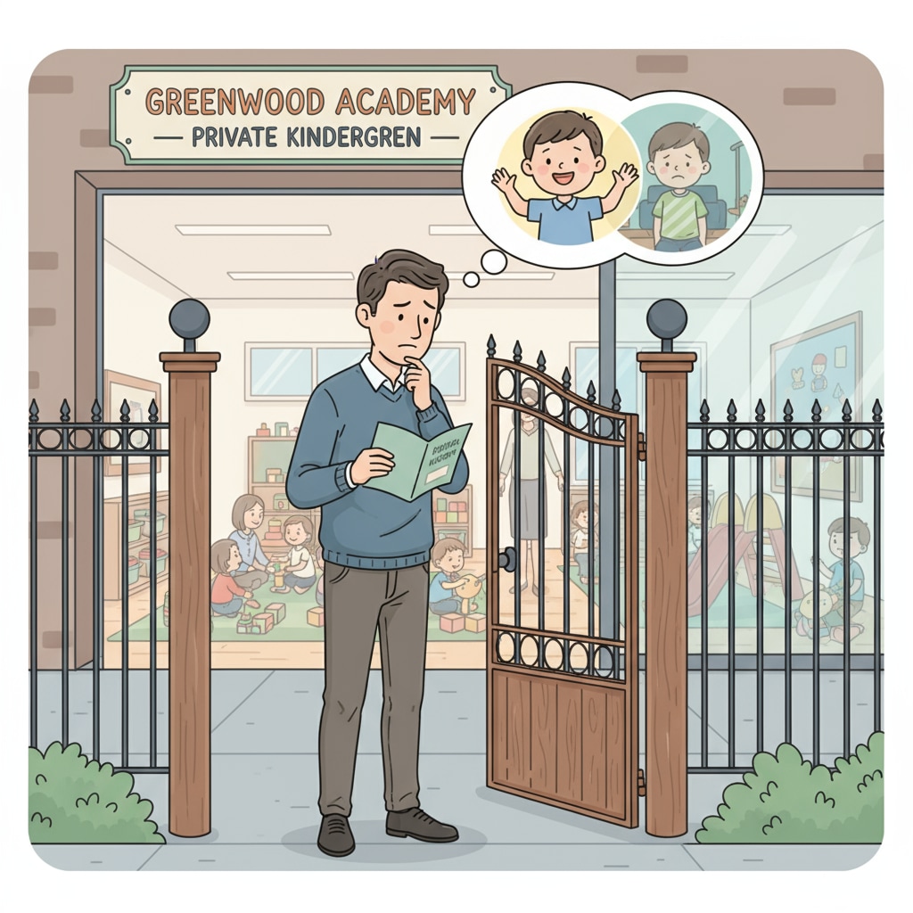 A parent's contemplation at the entrance of a private kindergarten related to school choice, commute time, and kindergarten quality