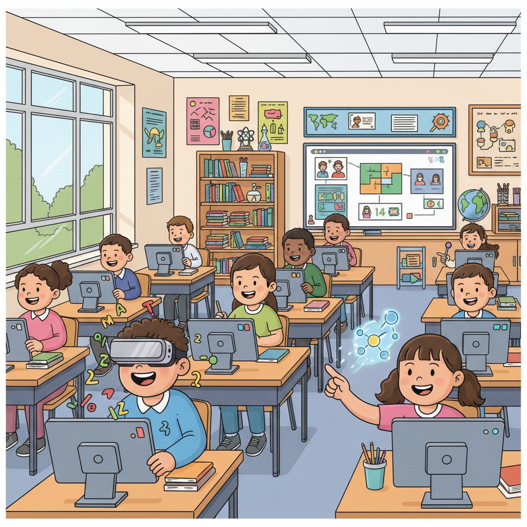 Students playing educational video games in a middle school classroom during a teachers' seminar exploring video game integration.