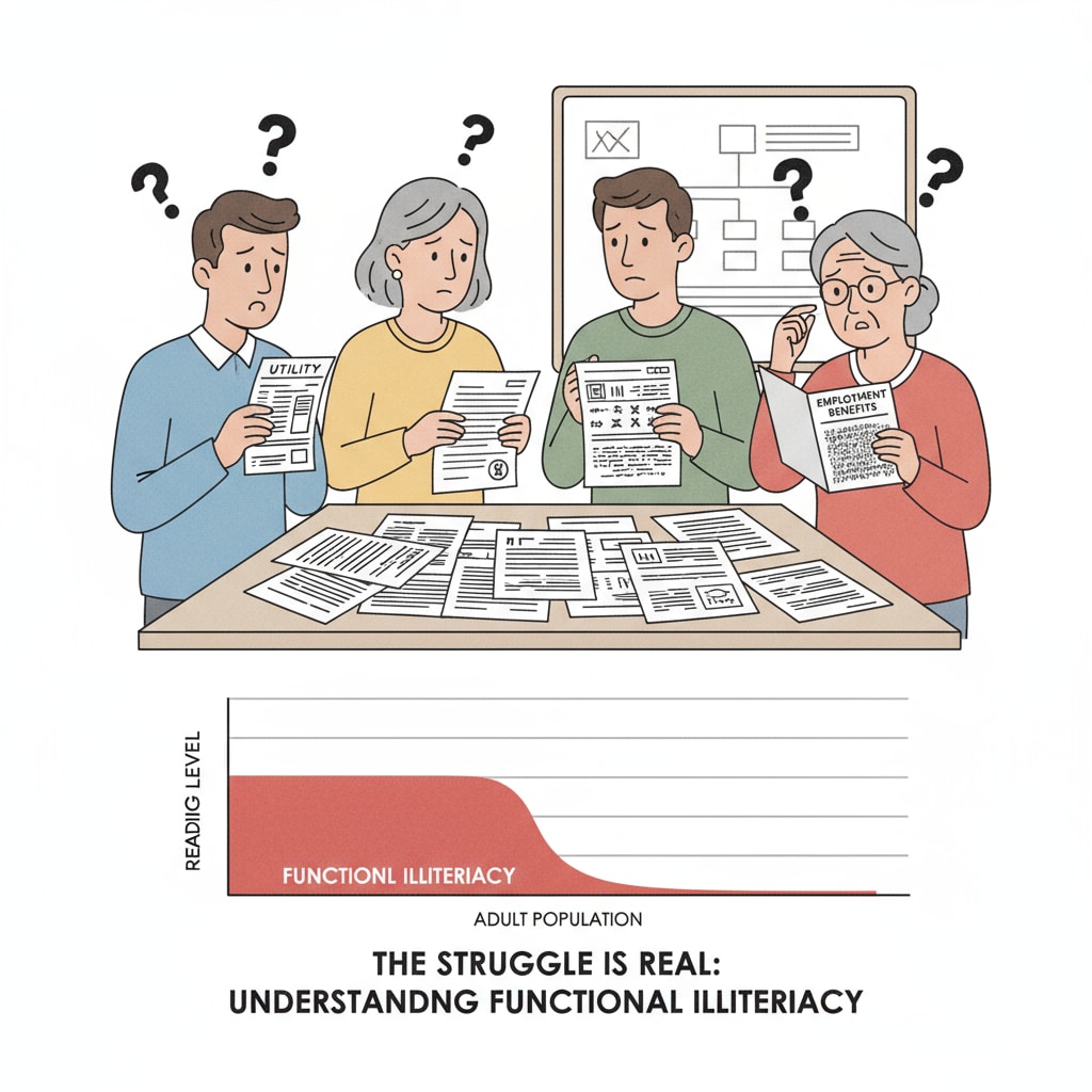 A group of people looking confused while reading some documents, depicting the struggle of those with low reading skills due to functional illiteracy. People struggling with reading documents as a result of functional illiteracy in the education system