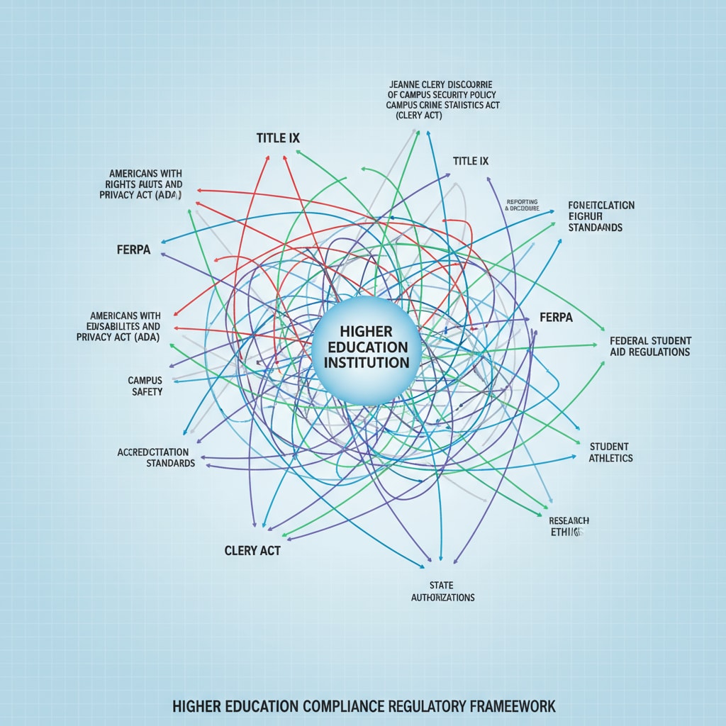 A visual representation of the complex web of compliance regulations in higher education related to compliance report, Title IX, and university management