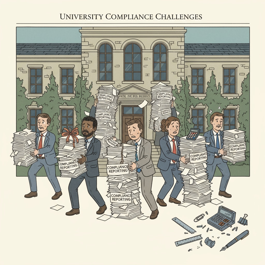 An illustration of a university struggling to manage compliance reporting due to lack of proper tools in the context of compliance report, Title IX, and university management