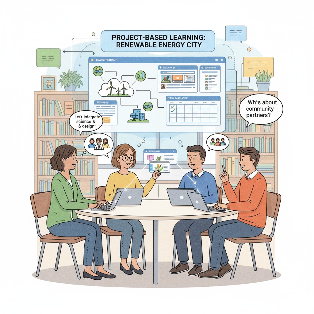 Teachers collaborating on project-based learning on a digital platform for educational resource sharing