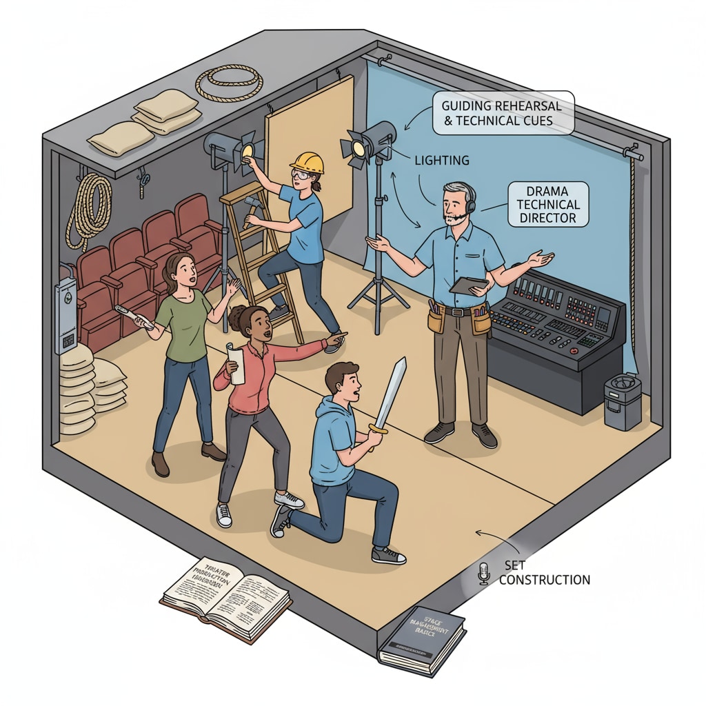 A group of students rehearsing a play under the guidance of a drama technical director Students rehearsing a play with a drama technical director during the district employment recruitment process