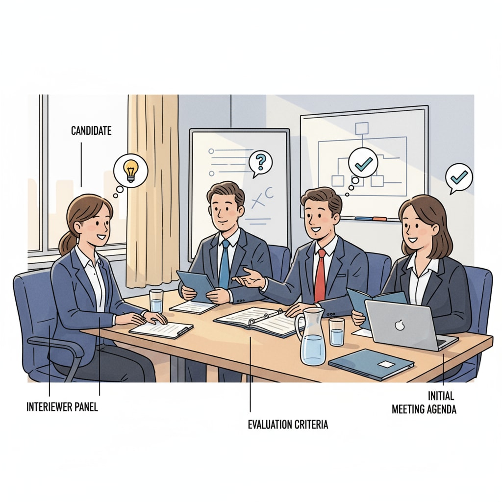A candidate sitting in an initial meeting with a panel of interviewers A candidate in an initial meeting as part of the drama technical director recruitment process in a school district
