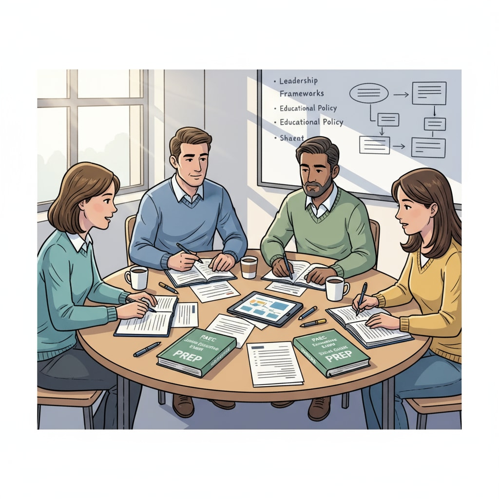 A group of K12 educators are sitting around a table, looking at books and papers that are related to preparing for the PAEC Junior Executive exam. They seem focused and determined. K12 educators preparing for PAEC Junior Executive exam