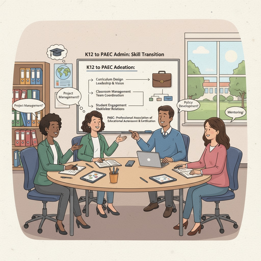 K12 educators are having a discussion in a classroom setting, talking about how they can transition their skills to the administrative roles in PAEC. K12 educators discussing career transition to PAEC administrative roles