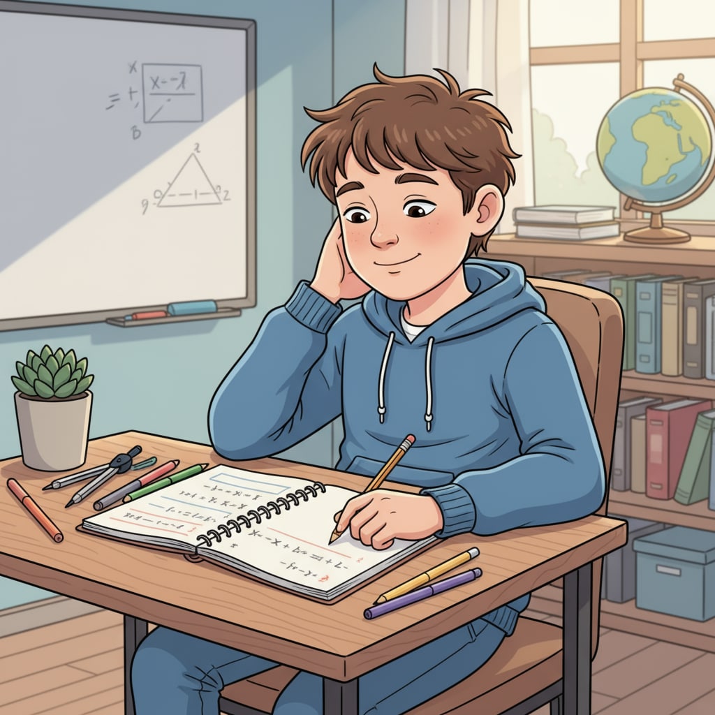 A student sitting at a desk, looking at a half - completed assignment with a relaxed expression, symbolizing the acceptance of the imperfect learning state A K12 student accepting the imperfect state in learning, related to learning motivation, persistence, and small steps