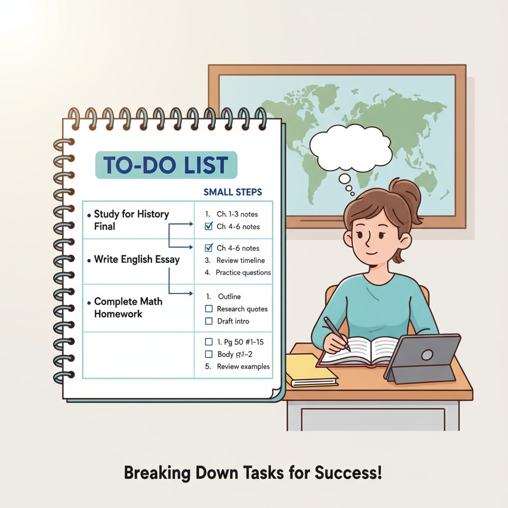A student using a to - do list to break down study tasks into small, actionable steps A K12 student setting small goals for learning, relevant to learning motivation, persistence, and small steps