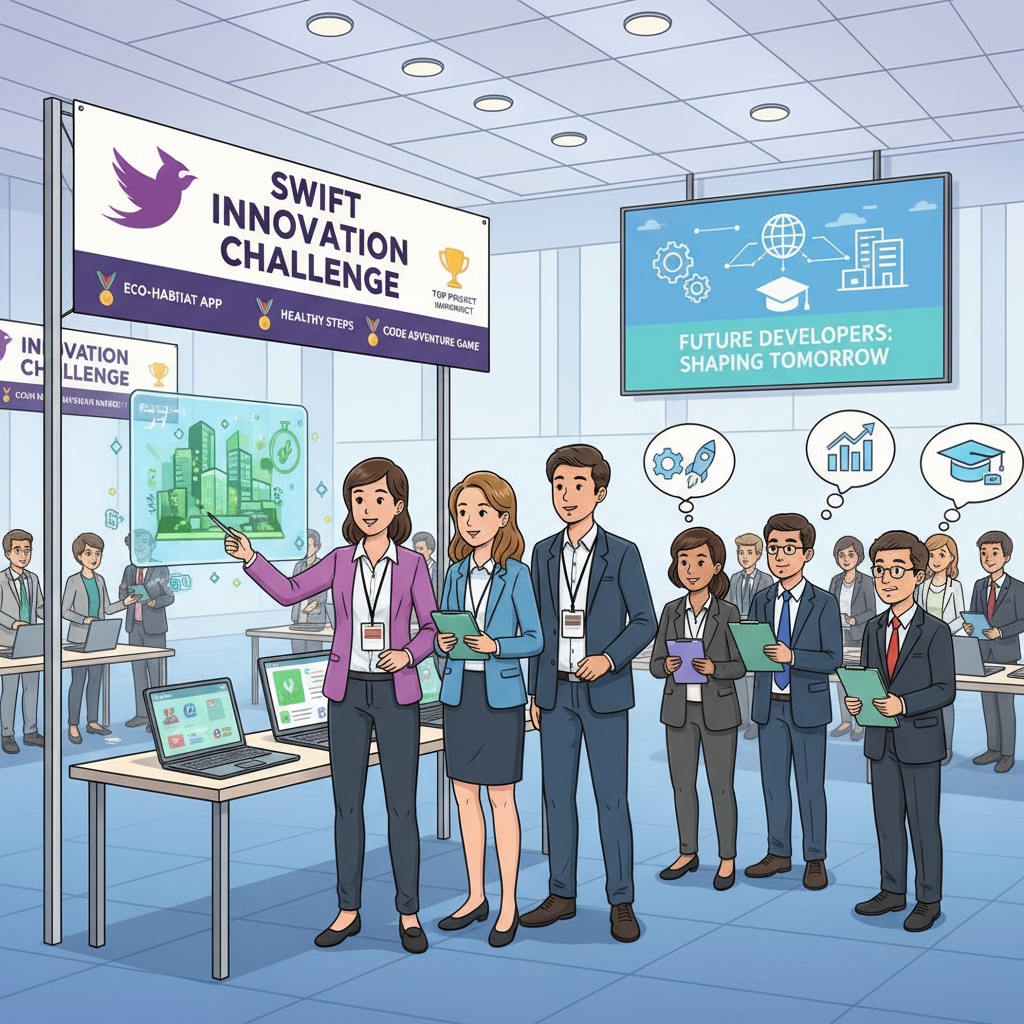 Students presenting their Swift-developed projects at a competition, highlighting their achievements and potential for future careers. Students presenting Swift projects at a competition for career development