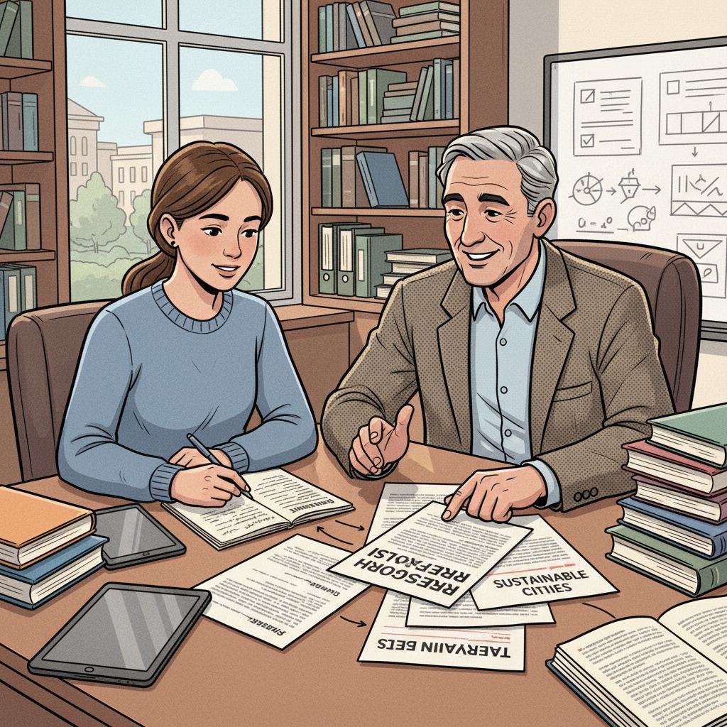 A student regaining interest in master's thesis topic selection through discussion with a professor