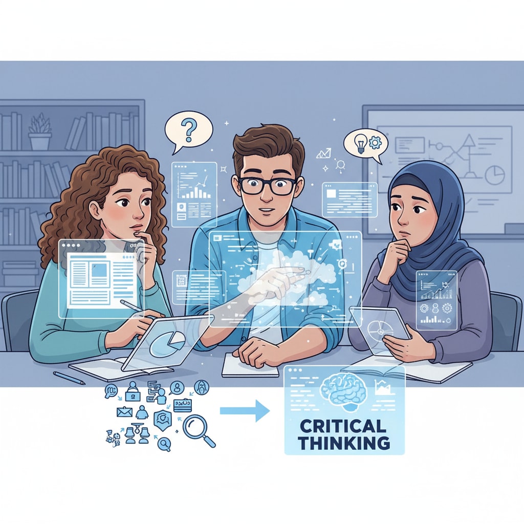 Students analyzing information on digital screens in the information age
