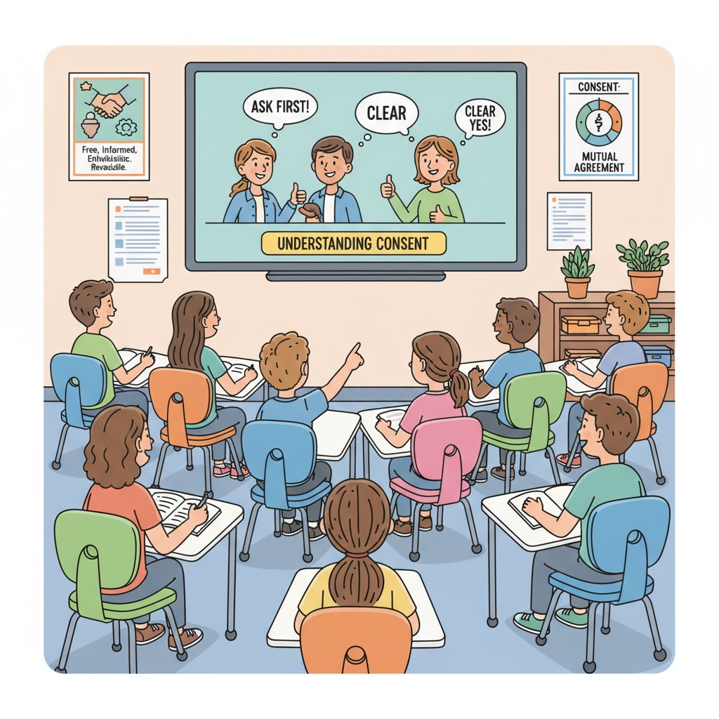 A group of students is sitting in a classroom, watching a movie on a screen. The movie is about a group of friends navigating the concept of consent in their daily interactions. Students watching a movie about consent in a classroom for anti-bullying and adolescent education