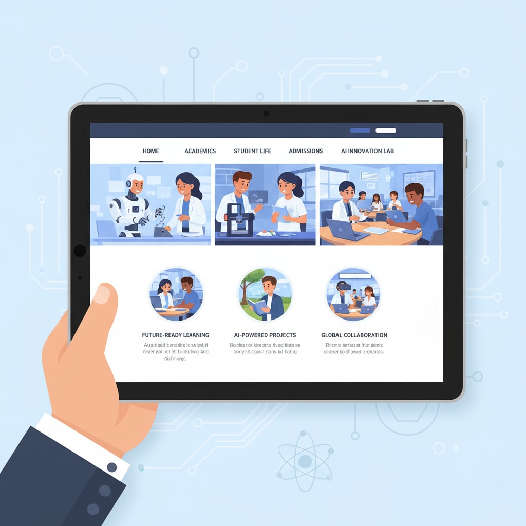 An illustration showing a high school website with an AI-generated image of students engaged in various learning activities AI-generated image on a high school website related to educational ethics