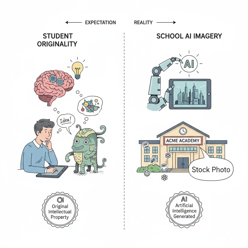 A graphic depicting the contrast between students being expected to be original and schools using AI-generated images Graphic showing the double standard in educational ethics regarding AI-generated images