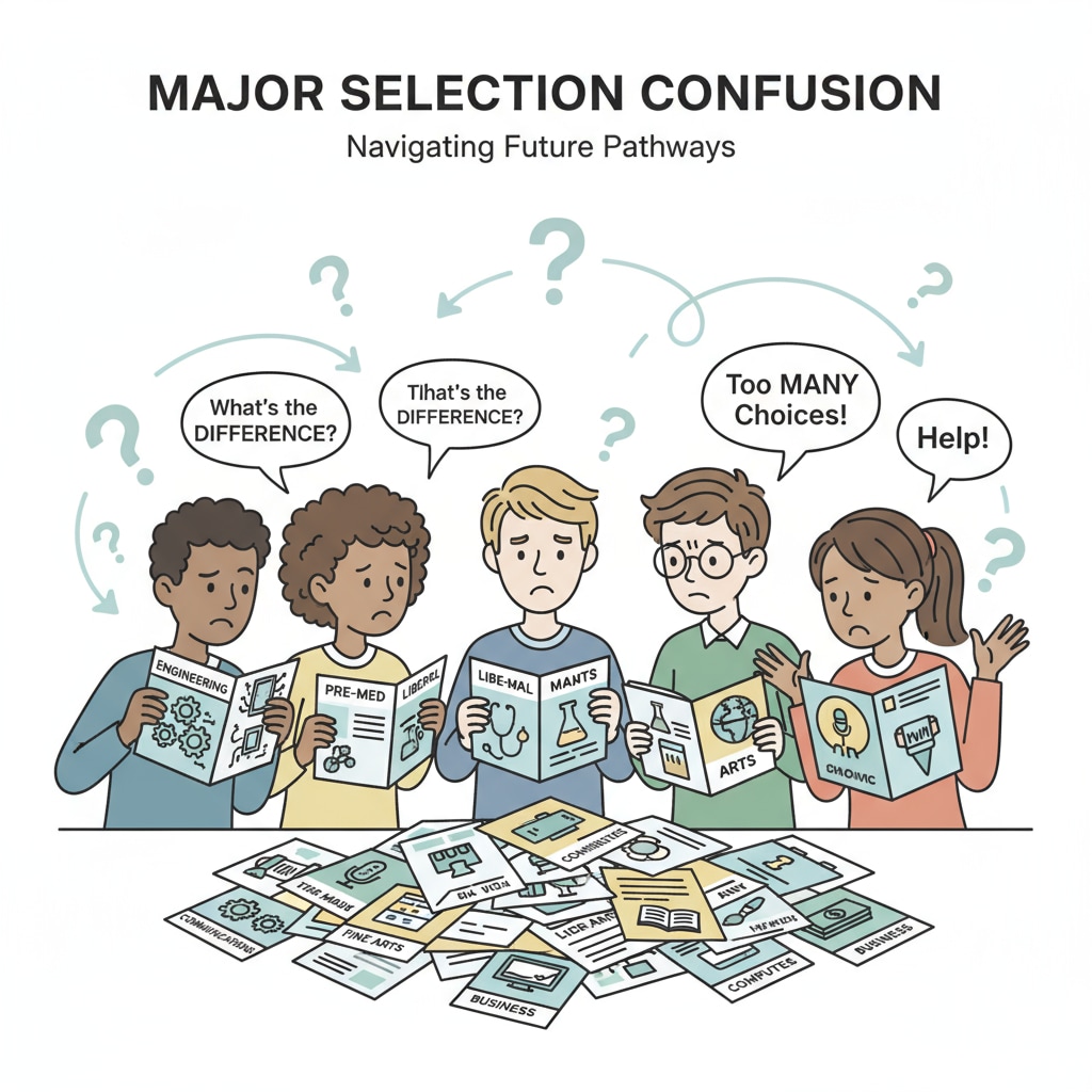 A group of high school students are looking at college major brochures with confused expressions, representing their state of interest confusion during the major selection process. High school students confused about college major selection