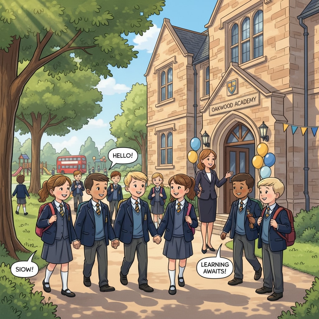 Young students entering a UK private primary school related to scholarships and education