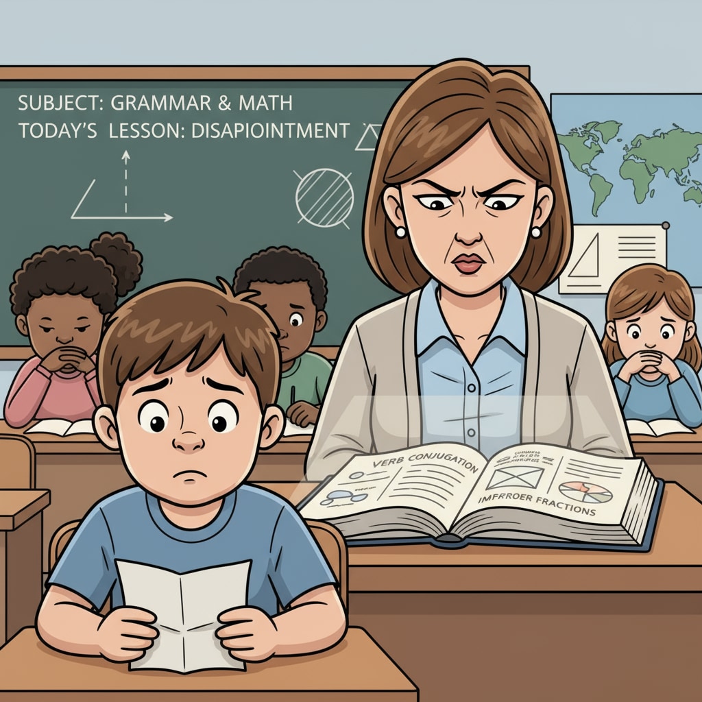 A classroom scene where a teacher is looking at a student with a judgmental expression A teacher showing bias towards a student in a classroom
