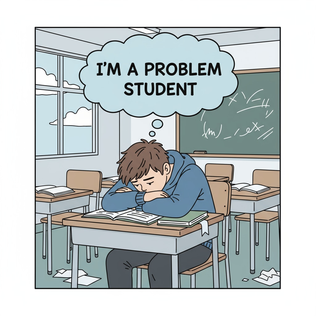 A sad-looking student sitting alone at a desk with a thought bubble that says 'I'm a problem student' A student affected by the label of being a problem student