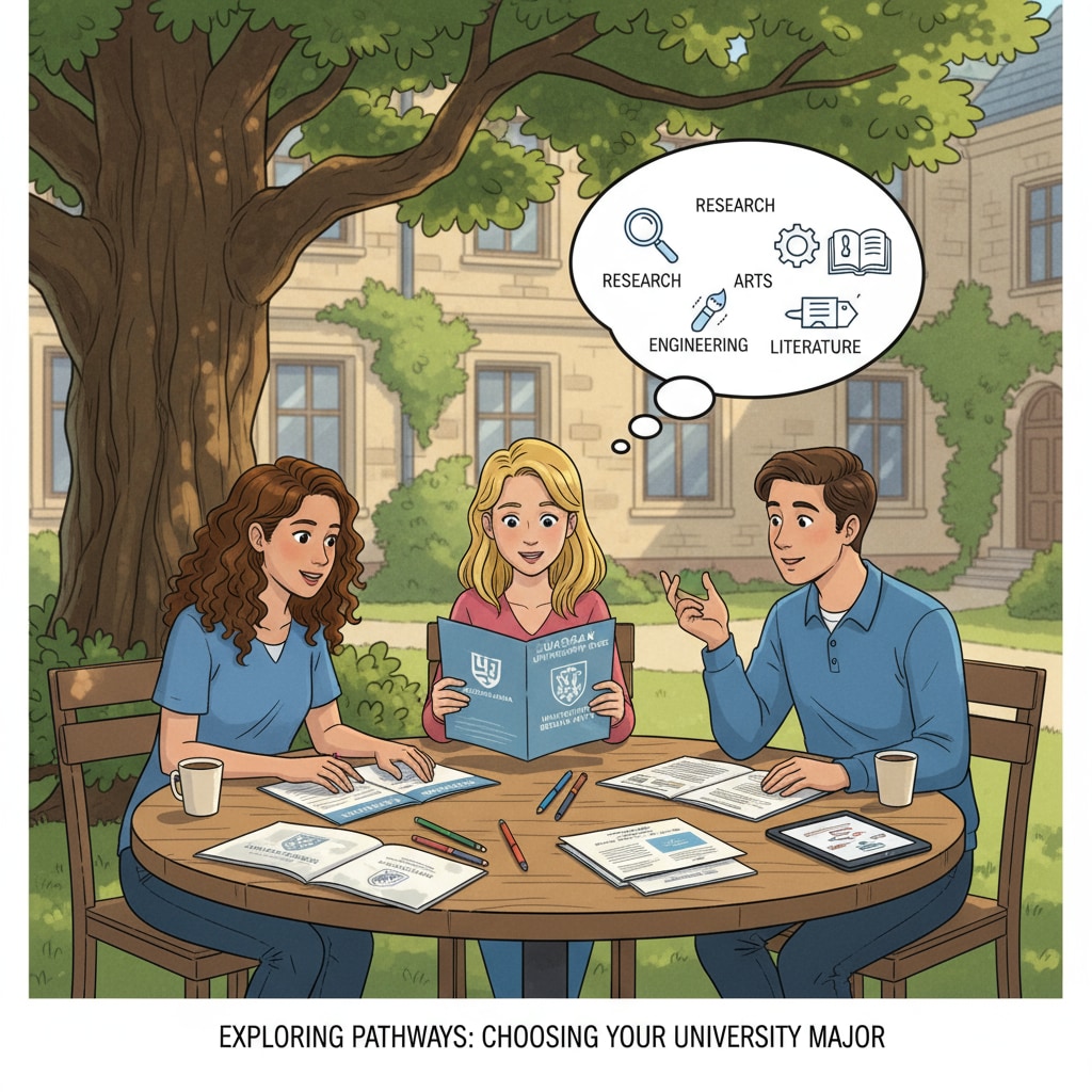 A group of students are engaged in a discussion about which university majors to choose while on a European university campus. There are brochures and maps of different universities on the table, indicating their exploration of various options. Students discussing university major choices during European study abroad considering math and programming skills