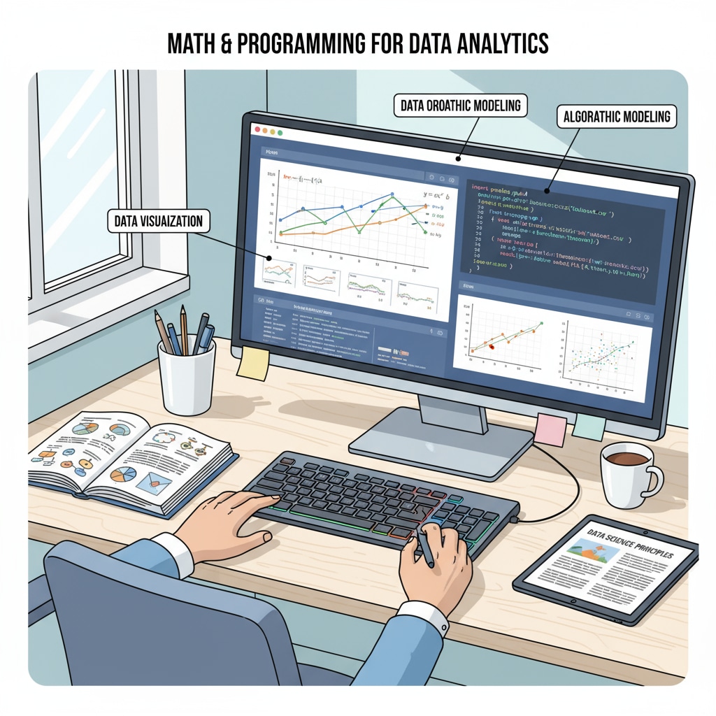 A student is sitting in front of a computer, using math and programming software to analyze data. There are graphs and equations on the screen, showing the application of math and programming in data analysis. Student applying math and programming skills in data analysis relevant to European university major selection