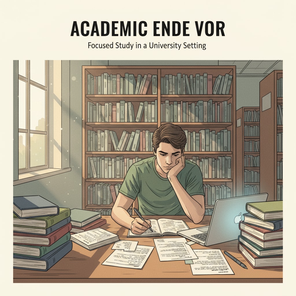 A student is sitting at a desk in a university library, surrounded by books and papers, concentrating on studying. A student engaged in academic upgrading in a university library