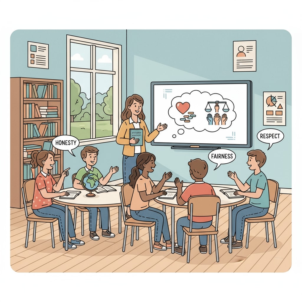 Students discussing moral philosophy, ethics, empathy, and social responsibility in a classroom