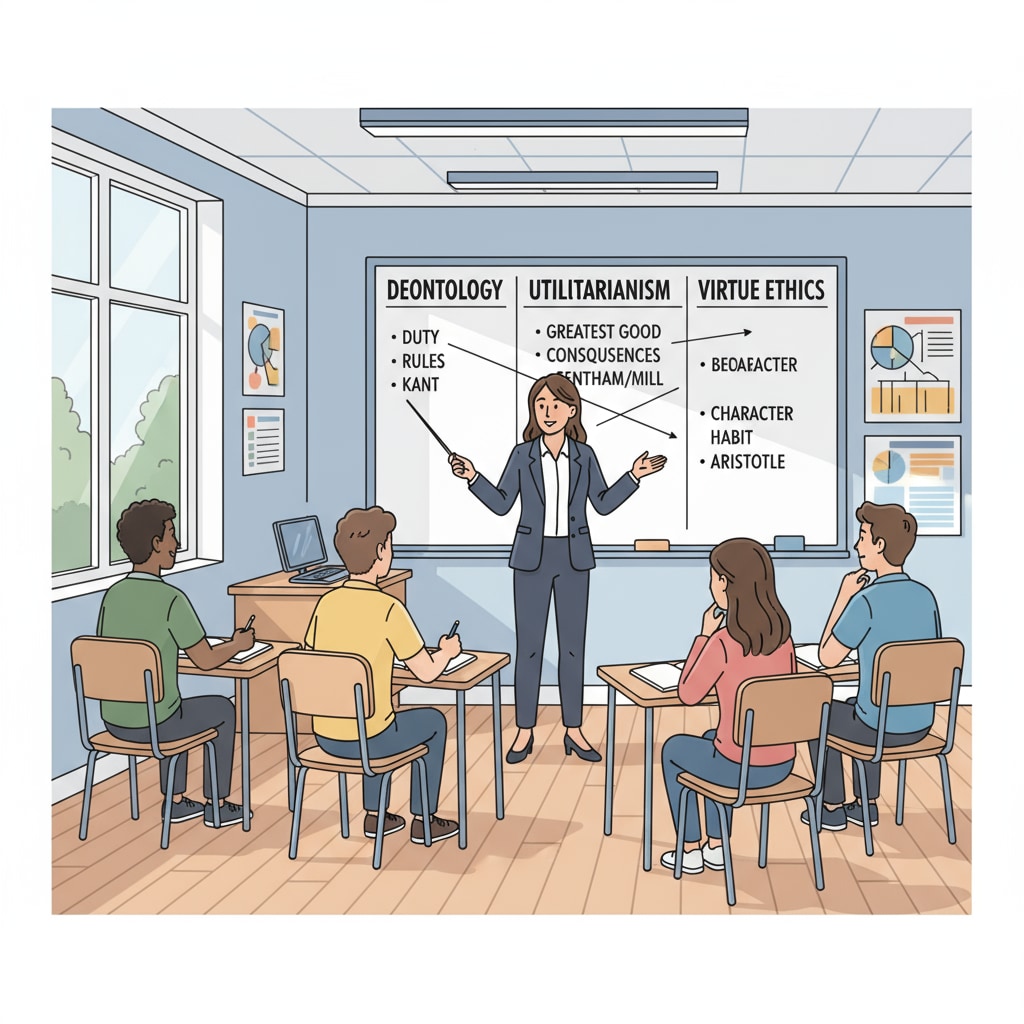 Students learning about moral philosophy, ethics, empathy, and social responsibility from a teacher