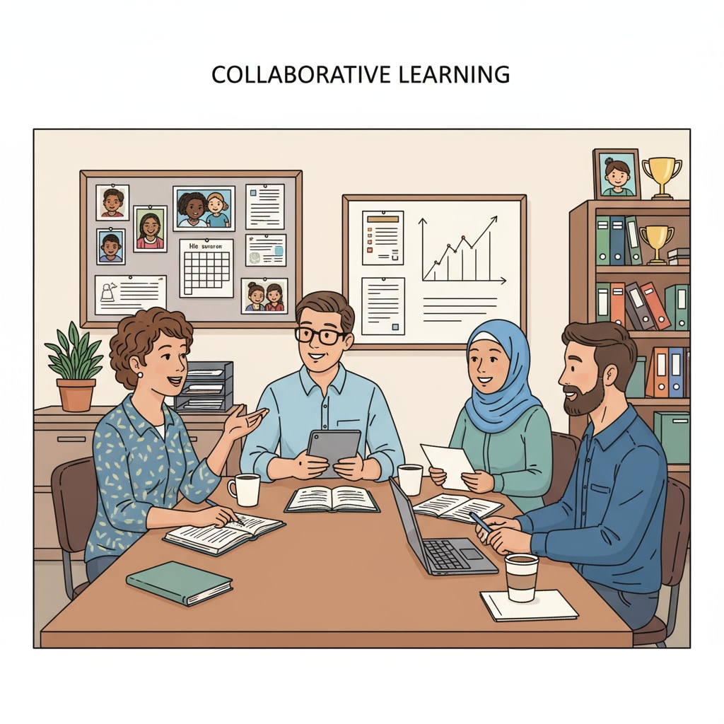 A group of educators discussing in a school office, with some family photos in the background, representing the intersection of workplace and family in an educational setting Educators at work with family elements in the K12 education environment related to workplace and family relationships and child behavior management