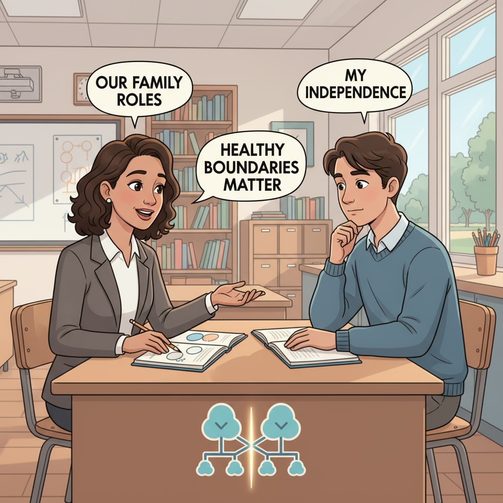 A teacher having a serious but friendly conversation with a student who has a family connection, highlighting the importance of boundaries Teacher-student conversation about boundaries in the context of workplace and family relationships and child behavior management
