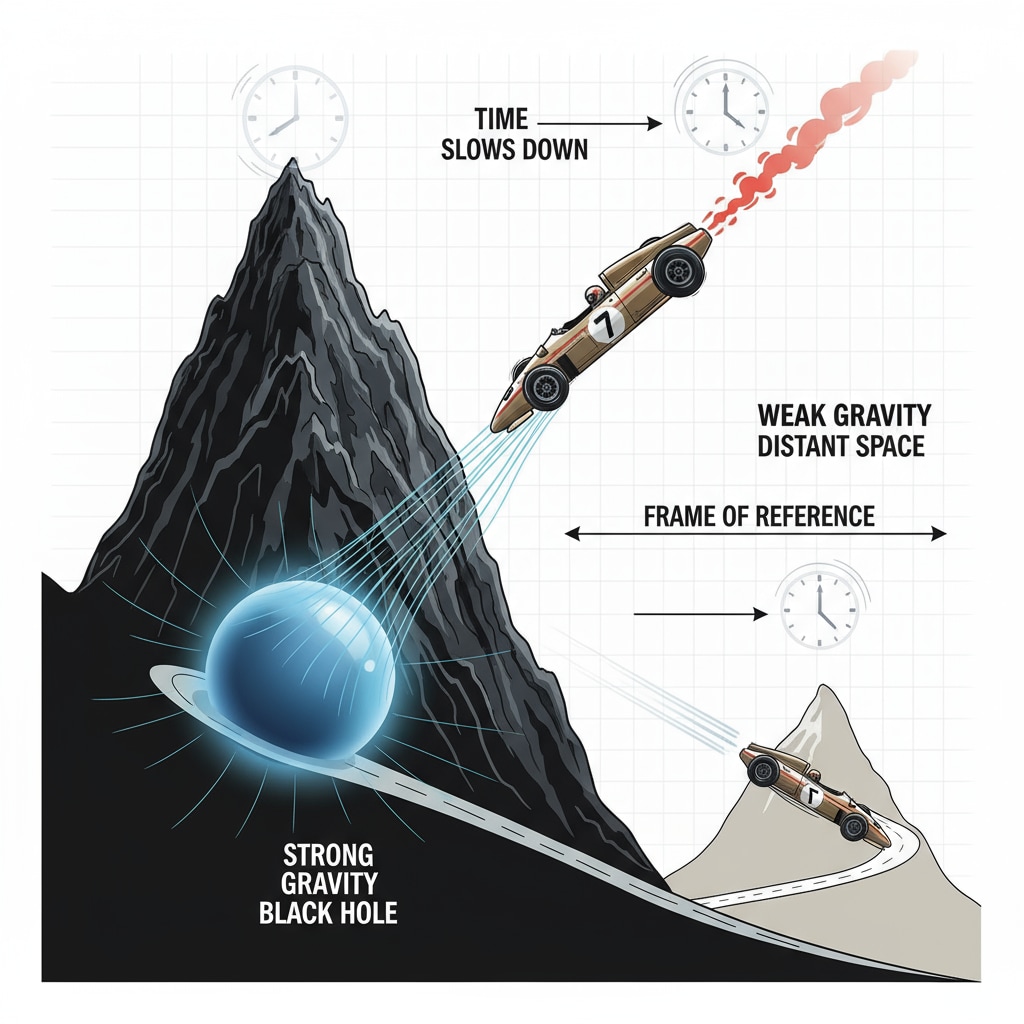 Race car on uphill track representing time dilation due to gravity